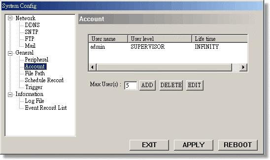 Account a b c d e f 1) Set up the user s account ( Max 10 accounts), password, life time, and authority level ( Max 10 accounts on line at the same time).