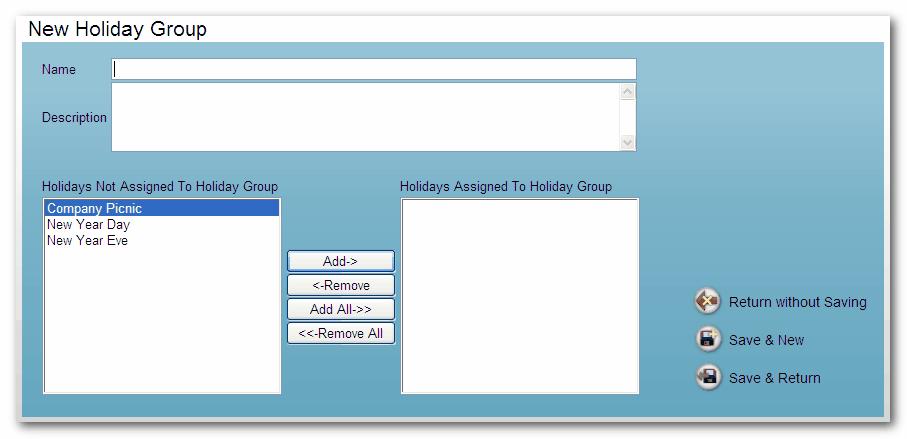 Web Client 35 Holiday Groups On larger systems or systems with many holidays groups, use the search box, navigation arrows or rolodex tab to locate a holiday group.