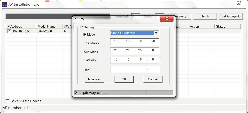 Figure 1-24 AP Installation Tool (Found) To modify the IP address of the newly discovered access point, select it and click the Set IP button.