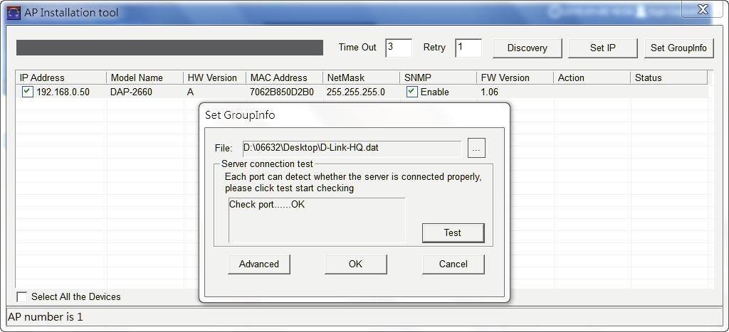 Figure 1-26 AP Installation Tool (Set Groupinfo) Click the Test button to test if the data file is in fact a valid network data file.