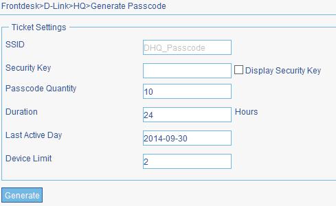 Figure 2-16 Generate Passcode On the View page, a list of generated passcodes for this front desk account will be displayed.