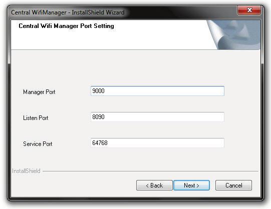 Figure 1-4 Install Central WifiManager (Port Settings) Click the < Back button to return to the previous step. Click the Next > button to continue to the next step.