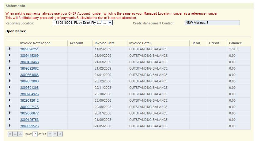 Invoice Date Balance Users may then select a specific invoice to view transaction details.