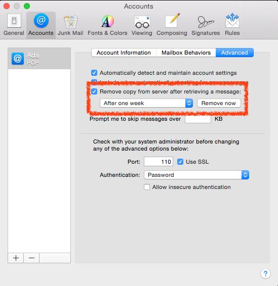 3.4 Mac Mail 3.4.1 POP3 setup on Mac Mail If you are downloading emails from your server to your Mac Mail using POP3, please configure to not removing emails immediately from the server after retrieving them.