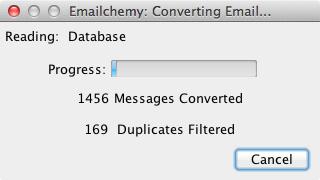 5.1.3 De-duplication stats When de-duplication is enabled, Emailchemy s progress window will show you how many duplicate messages it is filtering out. 5.1.4 De-duplicator memory Emailchemy will even dedupe across files from different email applications.