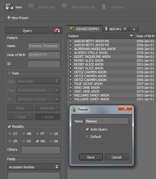 Presets Query presets can be defined for any combination of query parameters including Name, ID, Date and Modalities. Once you have created a search, click on New Preset.