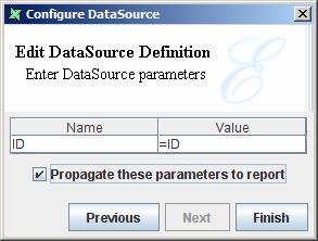 At the Enter Data Source Parameters section, change the parameter Value from: ${ID} to =ID In doing so, the composite data source will search the report template for the value ID instead of prompting