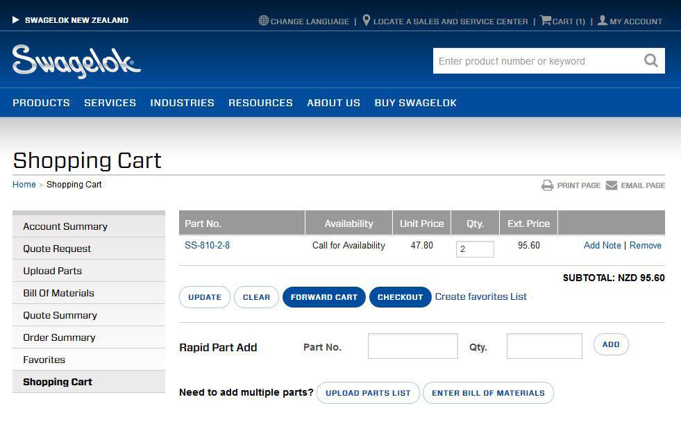 ADDING PARTS TO SHOPPING CARTS ONCE LOGGED INTO YOUR ACCOUNT: OPTION 1: When you have found the product you require, click Buy or Quote along with the quantity to automatically add that part to your