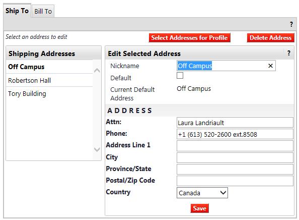 Chapter 2: My Profile To create a new address: Click on the red SELECT ADDRESSES FOR PROFILE button. Choose a building on campus OR off campus from the drop down menu.