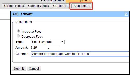 Adjustments Adjustments to a family s account are used when you want to increase or decrease a family s balance. This is not a payment, but a correction or addition to their account financials.