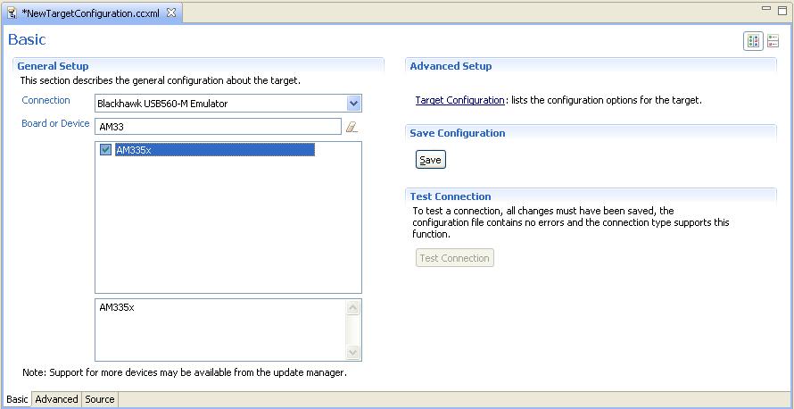 How to create a target configuration [2] In the main screen, CCS will open a New Target Configuration tab In the Connection menu, choose the correct emulator you plan to use.