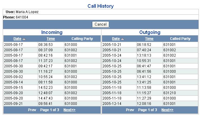 Viewing Call History 109 Figure 20 Call History Page The Call History page contains three columns of information for both Incoming and Outgoing calls.