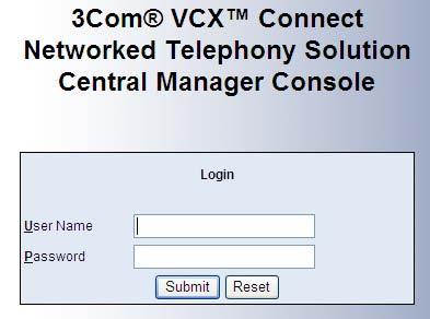 Figure 2 3Com VCX Networked Telephony Solution Main Page 2 Click Central Management Console.