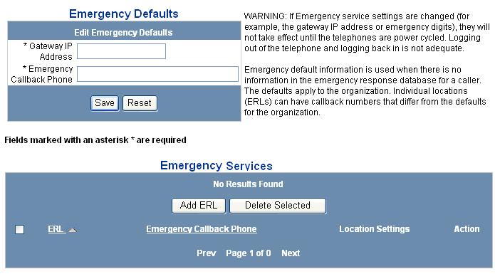 Configuring Emergency Services 81 Figure 14 Emergency Defaults and Emergency Services Page 2 Select one of the following options: To add an ERL, click Add ERL.