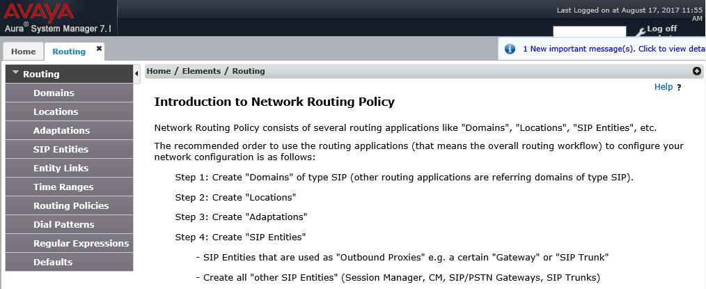Most of the configuration items are performed in the Routing element. Click on Routing in the Elements column to bring up the Introduction to Network Routing Policy screen.
