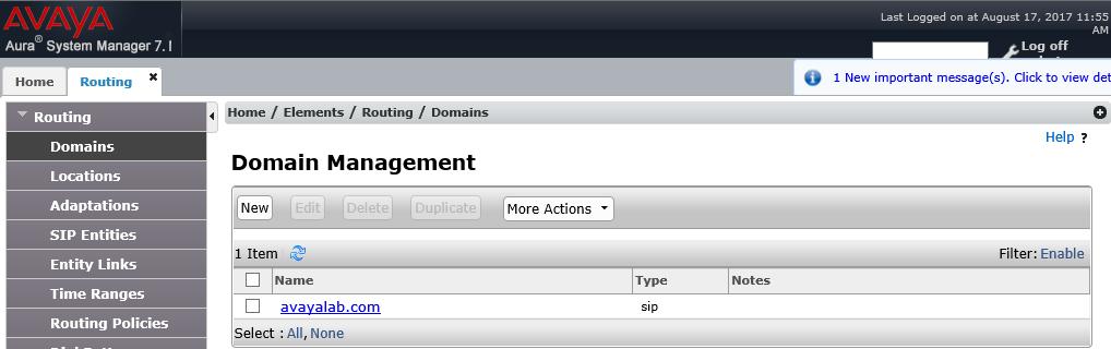 Specify SIP Domain To view or to change SIP domains, select Routing Domains.