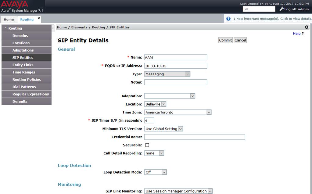 Similarly, a SIP Entity is added for Avaya Aura Messaging server as shown in the capture below. 6.