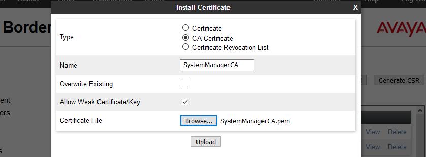 crt is Avaya SBCE identify certificate. SystemManagerCAQ.pem is System Manager Certificate Authority root certificate. If System Manager Certificate Authority certificate (SystemManagerCAQ.