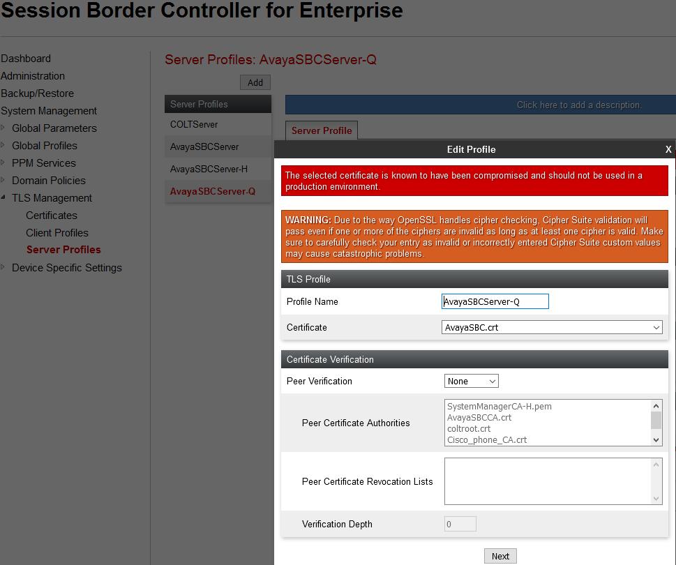 7.2.3. Server Profiles This section describes the procedure to create server profile for Avaya SBCE to communicate with Session Manager via TLS signaling. This will be used in Section 7.5.3. To create Server profile, navigate to TLS Management Server Profiles, click on Add.