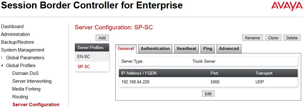 General tab: Enter Profile Name SP-SC and click Next button (not shown) Set Server Type for SP as Trunk Server.