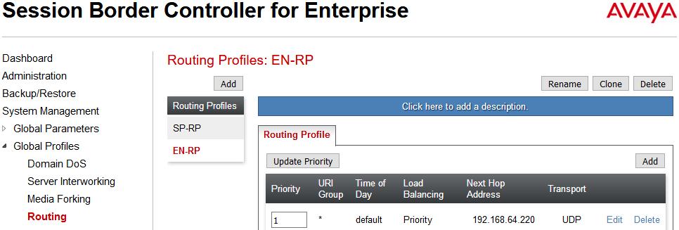 Routing Profile for SP The screenshot below illustrates the routing profile from SP to Avaya network, Global Profiles Routing: SP-RP.