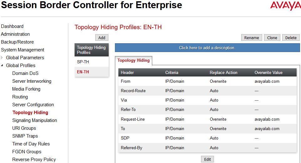 Topology Hiding Profile for EN Profile EN-TH was also created to mask SP URI-Host in Request-Line, From and To, headers to the enterprise domain avayalab.