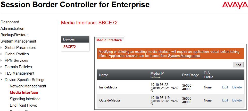 7.5.2. Media Interface The Media Interface screen is where the media ports are defined. The Avaya SBCE will open a connection for RTP on the defined ports.