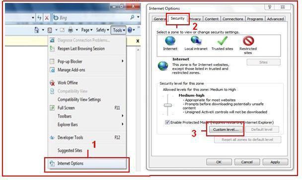 2. Change the ActiveX settings in IE browser > Tool > Internet Options > Security >