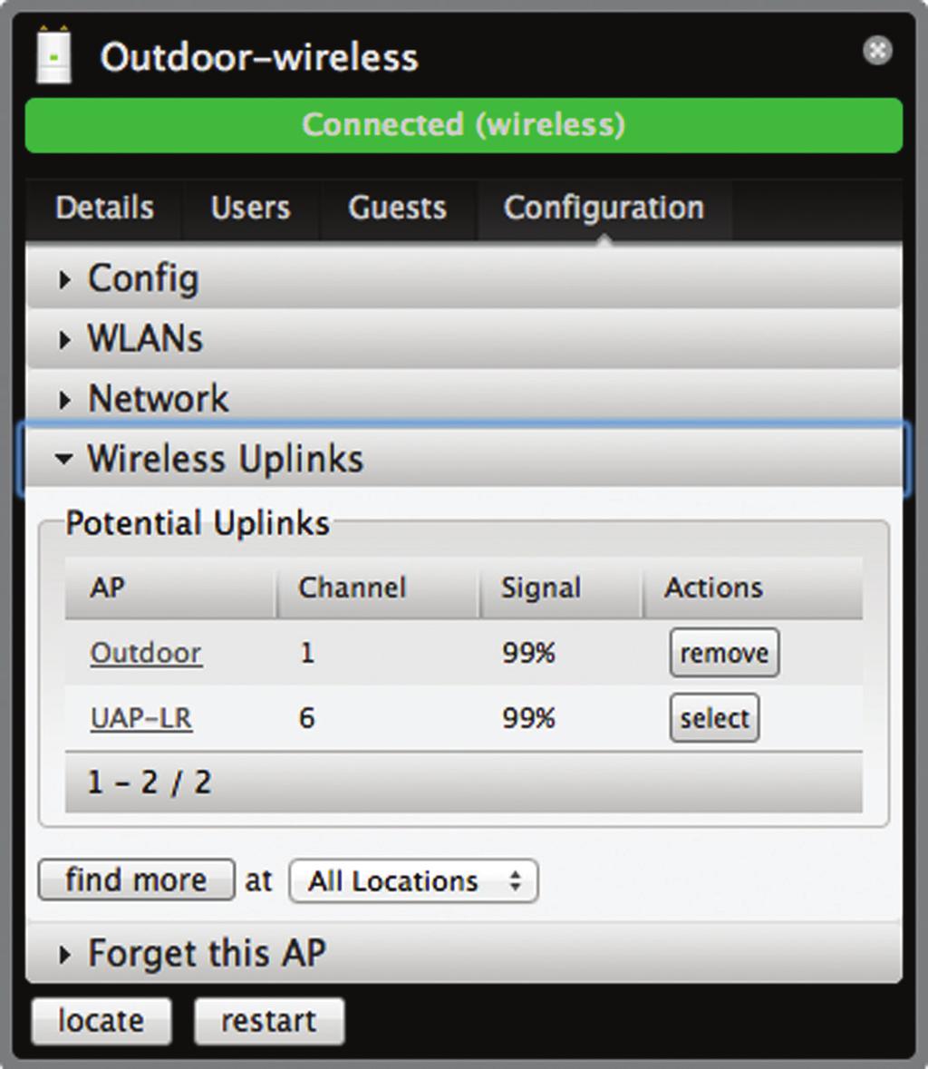 Wireless Uplinks When an Access Point is not connected by a wire, Wireless Uplinks lists potential uplink Access Points that can be selected to establish a wireless connection.