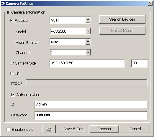 Click to select the channel 4. The IP camera detail window will show up. Select the way to connect the IP camera Protocol or URL. And then, enter or select all required data.