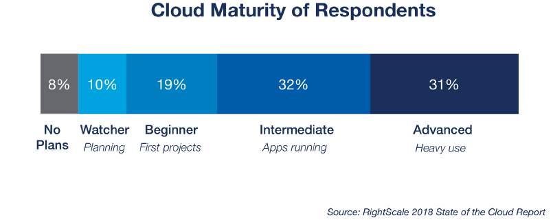 When comparing cloud adoption in large and small companies, it is interesting to note that for the first time in 2018, a larger portion of enterprise respondents