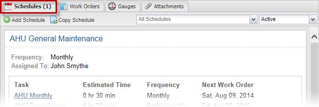 The Add Schedule buttn allws users t create a new wrk rder schedule. See Adding a Schedule (p. 19) fr mre details. Users can cpy a schedule between pieces f equipment n the same prperty.