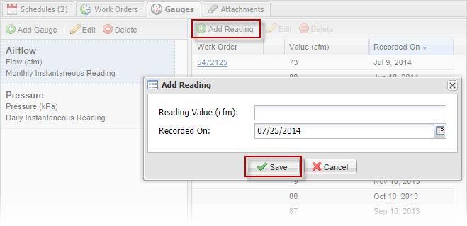 In the Add Reading windw that pens, enter a reading value, the date the reading was recrded, then click Save.