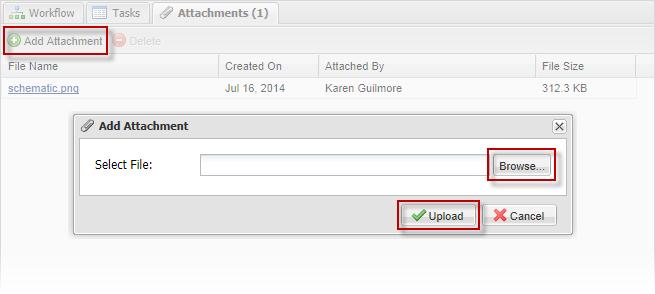 Users can remve an attachment by selecting an attachment and clicking Delete. Users can uplad an attachment by clicking Add Attachment.