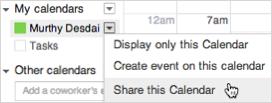 Select Share this Calendar from the calendar's menu. Add an email address and grant access to Make changes AND manage sharing.