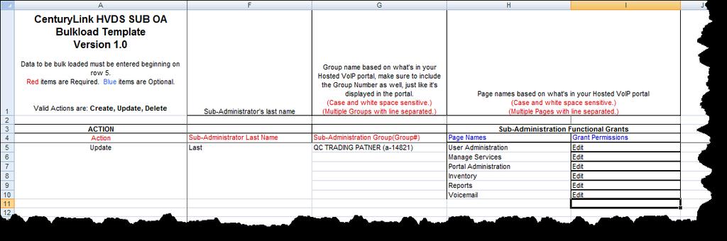 Column Headings in Red remain required; and Column Headings in Blue are optional. 33. Fill out the spreadsheet with existing sub-admin information, and change all necessary fields. 34.