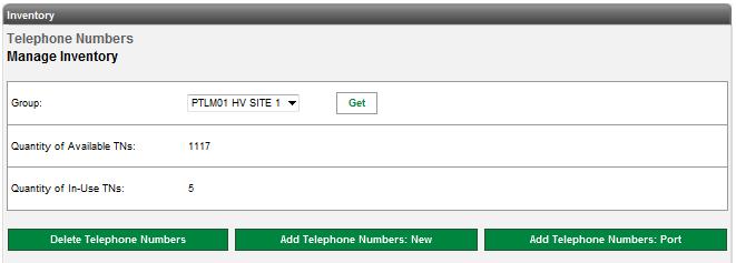 To Add Telephone Numbers to your inventory, select the appropriate group from the drop down list. 2. Click the Get button. 3. Click the Add Telephone Numbers: Port button. 4.
