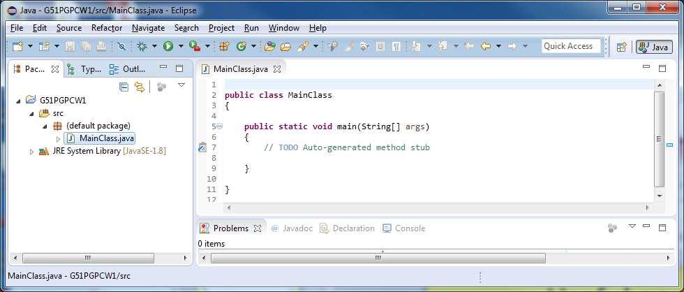 Useful parts of the IDE Package explorer Java files Debug Run Source file