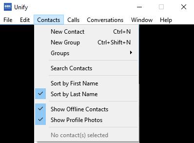 Main Window Contacts Menu Use the Contacts menu to: Add a new contact or group (see Contacts for more information) Access groups you have created
