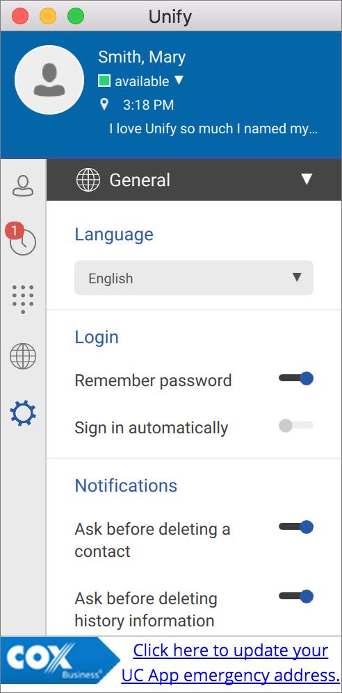 Preferences Figure 38. General Preferences Language Currently, the UC App only supports U.S. English language. Login Enable or disable the Remember password option.