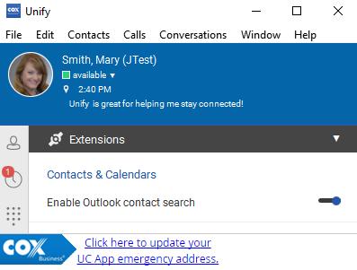 Extensions Click the Enable Outlook contact search feature to enable the UC App to interface with Outlook for contact searches. Figure 49.