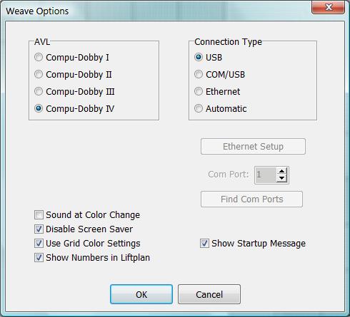 This box will allow you to select your type of Compu-Dobby, Connection Type and other options that will provide tools to help you while weaving.