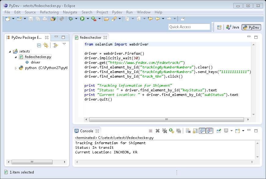 Chapter 1 Here's the Eclipse PyDev plugin running a sample Selenium script as shown in the following screenshot: PyScripter For the Windows users, PyScripter can also be a great choice.