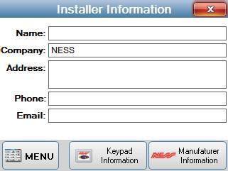 Installer Information The Installer Information screen is displayed when the Installer Information button is pressed on the Main Menu.