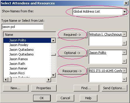 4. In the Type name or select from list box, enter the name of a person or resource you want at the meeting (Figure 3) Be certain that the Global Address List is selected. Figure 3 5.