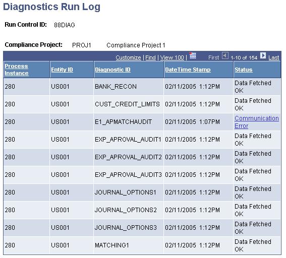 Chapter 9 Establishing and Maintaining Diagnostics Diagnostic Run Log page Process Instance Entity ID Diagnostic ID DateTime Stamp Displays the process instance for the diagnostic run.