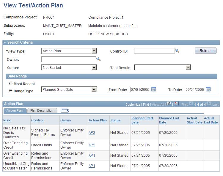 Chapter 10 Monitoring and Managing Controls View Test/Action Plan page Use this page to specify criteria by which to view test or action plans.