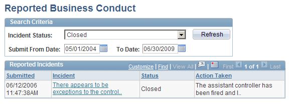 Reporting Business Conduct Violations Chapter 13 Page Name Definition Name Navigation Usage Incident Details EPQ_INCIDNT_DTL Click the text for an incident in the incident column on the Reported