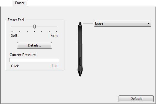 52 ADJUSTING ERASER FEEL To adjust the eraser sensitivity of your pen, select the ERASER tab. Select the function to perform when using the eraser. Customizes the amount of pressure needed to erase.