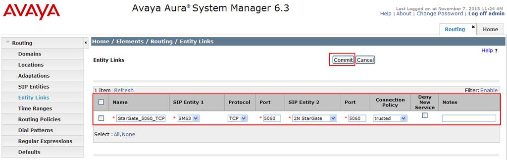 6.3. Create an Entity Link for 2N StarGate The SIP trunk between the Session Manager and the 2N StarGate requires an Entity Link.